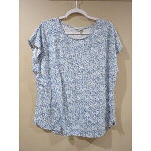 ORVIS Blouse Womens XL Top Geometric Short Sleeve Extra Large White Blue